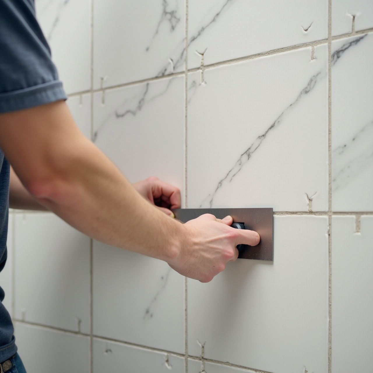 Close-up of a craftsman setting large-format tile in a bathroom