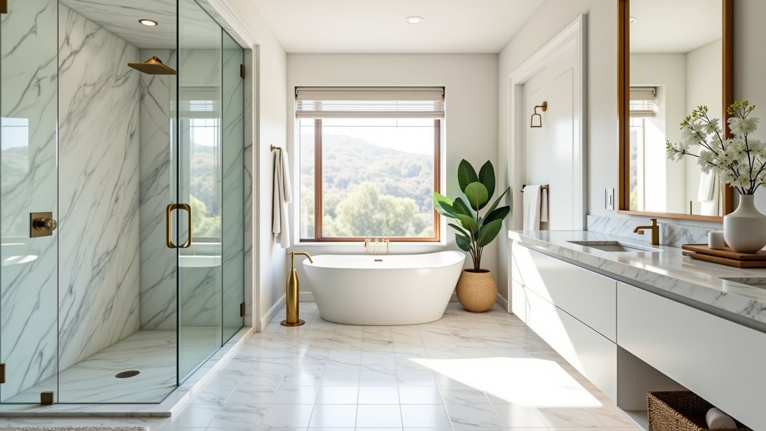 A beautifully remodeled modern bathroom in Colorado Springs, CO with a walk-in glass shower, soaking tub, and brass fixtures