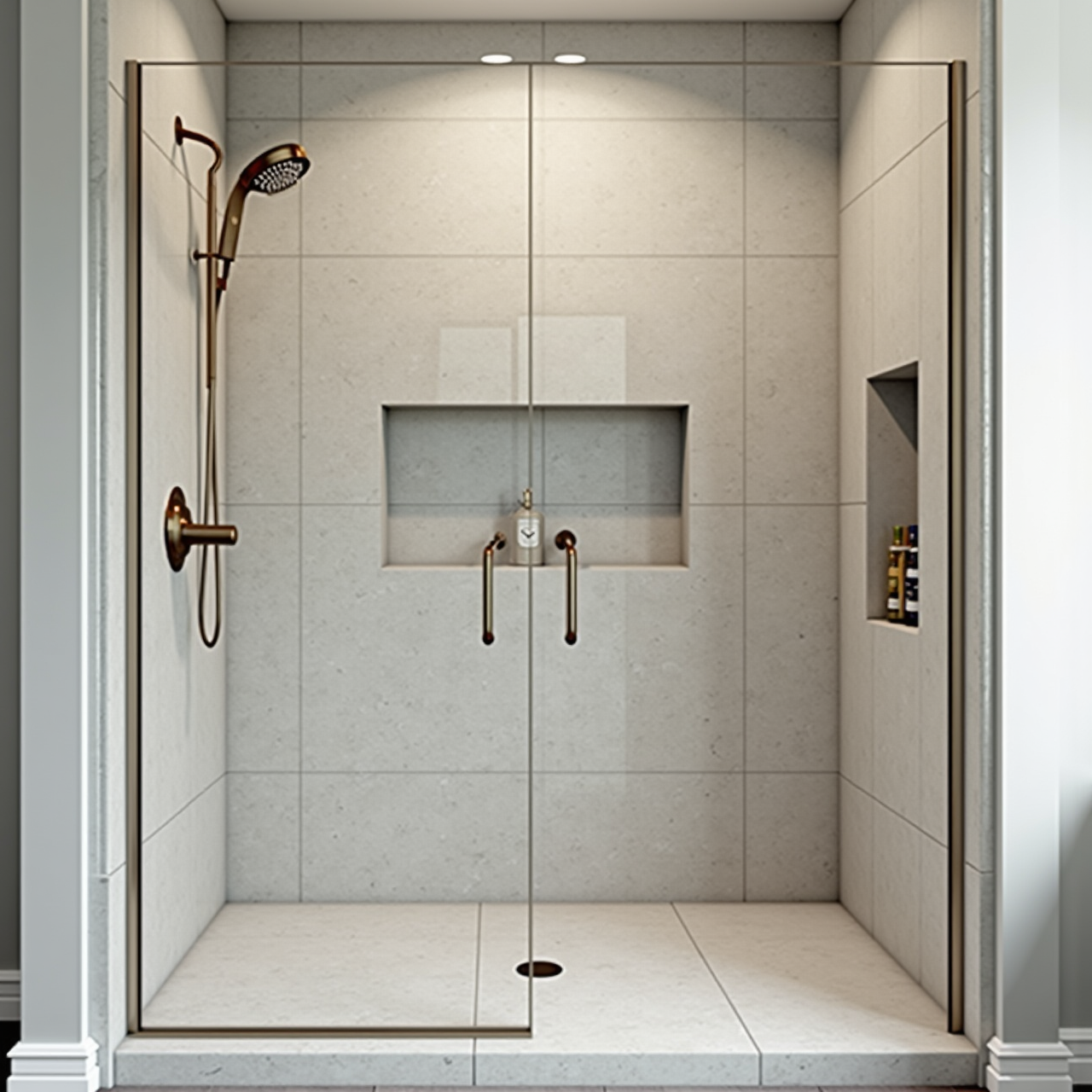 A custom tiled walk-in shower with frameless glass and brass fixtures